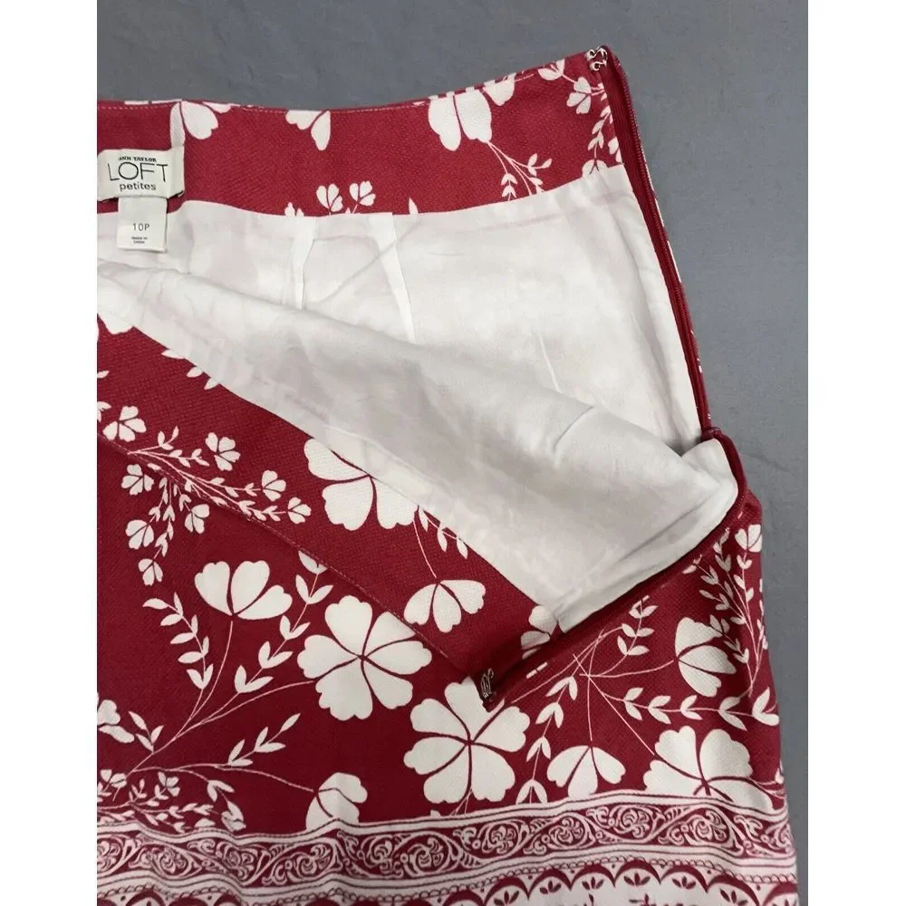 Ann‎ Taylor Loft Petite Skirt 10P Red Floral Pencil Mini Lined Cotton Career - Picture 3 of 8